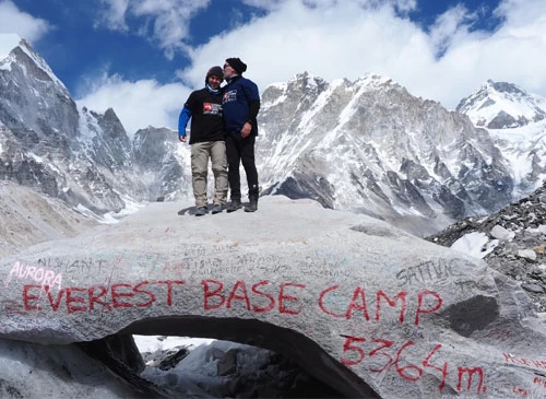 Guests posing on Iconic stone at Everest Base Camp Trek 14 days